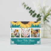 Blauwgroen Lace Sunflower Weddenfoto Save the Date Aankondigingskaart (Staand voorkant)