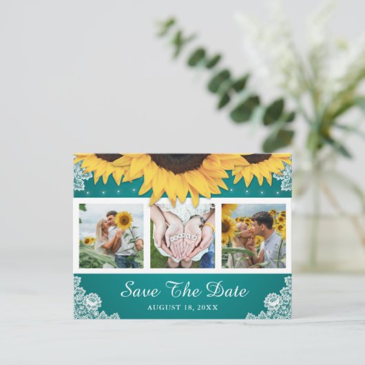 Blauwgroen Lace Sunflower Weddenfoto Save the Date Aankondigingskaart (Staand voorkant)