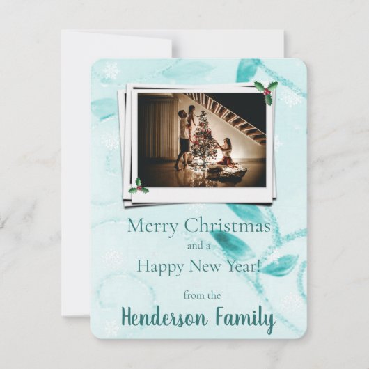 Blauwgroen Leaves Flat Holiday-fotokaart Feestdagenkaart (Voorkant)