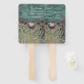 Blauwgroen leder western land bruiloft programma's handwaaier (Voorkant en achterkant)