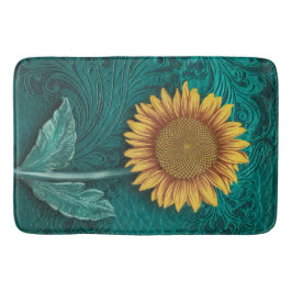 Blauwgroen lederen handgemaakte gele zonnebloem badmat