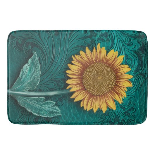 Blauwgroen lederen handgemaakte gele zonnebloem badmat (Voorkant)