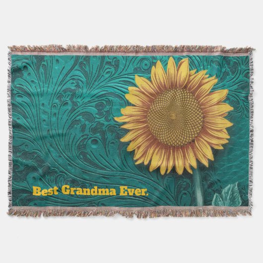 Blauwgroen lederen handgemaakte gele zonnebloem be deken (Voorkant)