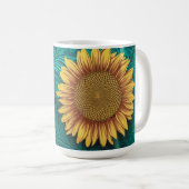 Blauwgroen lederen handgemaakte gele zonnebloem be koffiemok (Voorkant rechts)