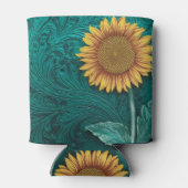 Blauwgroen lederen handgemaakte gele zonnebloem blikjeskoeler (Achterkant)