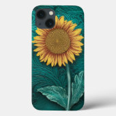Blauwgroen lederen handgemaakte gele zonnebloem Case-Mate iPhone case (Achterkant)