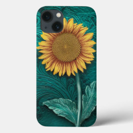 Blauwgroen lederen handgemaakte gele zonnebloem Case-Mate iPhone case