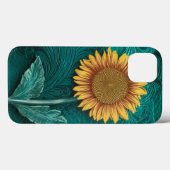 Blauwgroen lederen handgemaakte gele zonnebloem Case-Mate iPhone case (Achterkant (horizontaal))