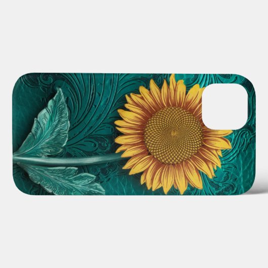 Blauwgroen lederen handgemaakte gele zonnebloem Case-Mate iPhone case (Achterkant (horizontaal))
