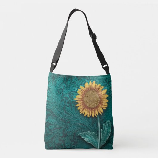 Blauwgroen lederen handgemaakte gele zonnebloem crossbody tas (Achterkant)