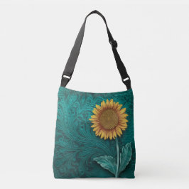 Blauwgroen lederen handgemaakte gele zonnebloem crossbody tas