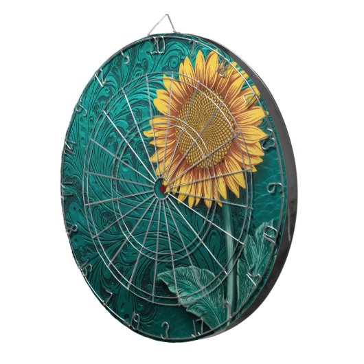Blauwgroen lederen handgemaakte gele zonnebloem dartbord (Voorkant Rechts)