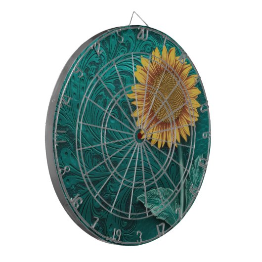Blauwgroen lederen handgemaakte gele zonnebloem dartbord (Voorkant Links)