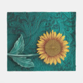 Blauwgroen lederen handgemaakte gele zonnebloem fleece deken (Voorkant (Horizontaal))