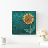 Blauwgroen lederen handgemaakte gele zonnebloem vierkante klok (Huis)