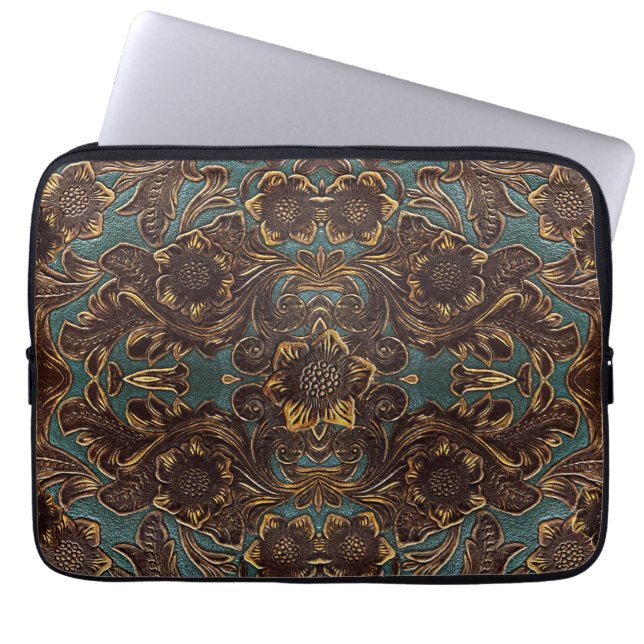 Blauwgroen, lederen laptophoes met gereedschap laptop sleeve (Voorkant)