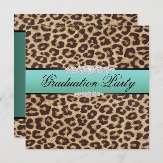 Blauwgroen Leopard Graduation Party Kaart (Voorkant / Achterkant)