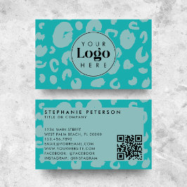 Blauwgroen Leopard Print Custom Company Logo QR Co Visitekaartje
