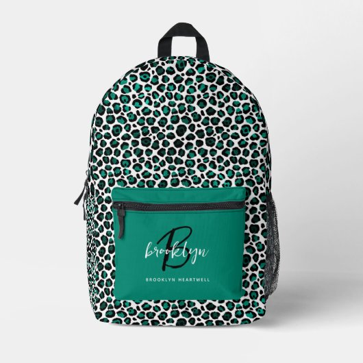 Blauwgroen Leopard Print Monogram Naam Terug naar  Bedrukte Rugzak (Voorkant)