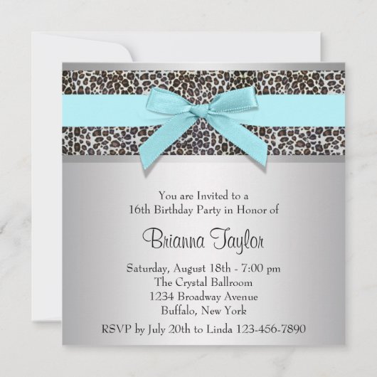 Blauwgroen Leopard Sweet 16 verjaardagsfeestje Kaart (Achterkant)