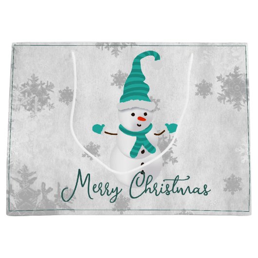 Blauwgroen Leuke Sneeuwman Holiday Gift Bag Groot Cadeauzakje (Voorkant)