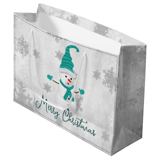 Blauwgroen Leuke Sneeuwman Holiday Gift Bag Groot Cadeauzakje (Voorkant Gekanteld)
