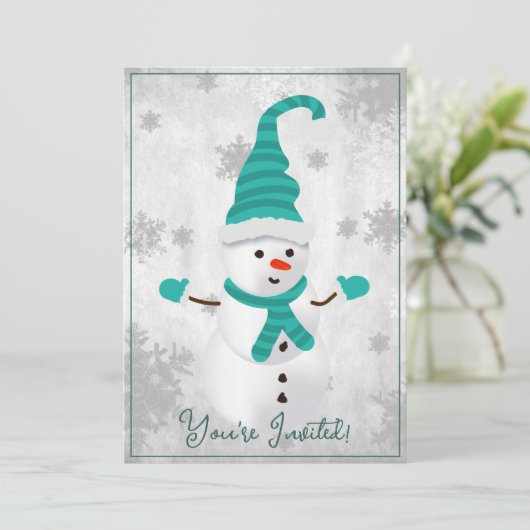 Blauwgroen Leuke Sneeuwman Kerstfeest Uitnodiging (Staand voorkant)