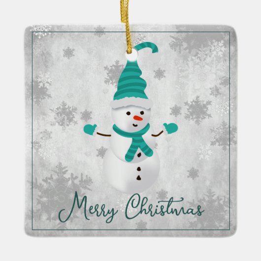 Blauwgroen Leuke Sneeuwman Vakantie Keramisch Orna Keramisch Ornament (Voorkant)