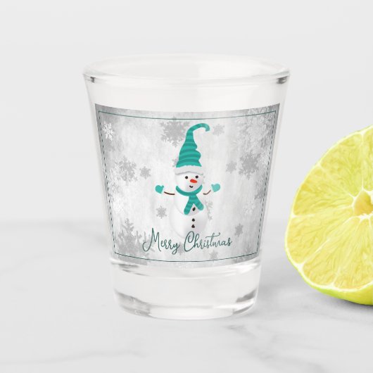 Blauwgroen Leuke Sneeuwman Vakantie Shot Glass Shot Glas (Voorkant)