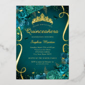 Blauwgroen Levendige Gouden Bloemen Vlinder Quince Folie Uitnodiging (Voorkant)