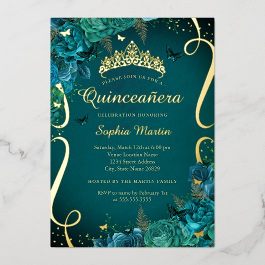 Blauwgroen Levendige Gouden Bloemen Vlinder Quince Folie Uitnodiging (Voorkant)