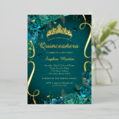 Blauwgroen Levendige Gouden Bloemen Vlinder Quince Folie Uitnodiging (Staand Voorkant)