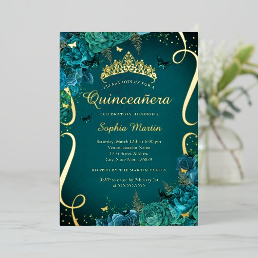 Blauwgroen Levendige Gouden Bloemen Vlinder Quince Folie Uitnodiging (Staand Voorkant)