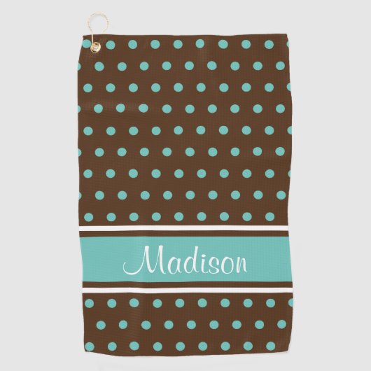Blauwgroen lichtlicht poka Puntstripe Script-naam Golfhanddoek (Voorkant)
