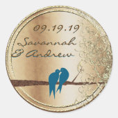 Blauwgroen liefdesvezel gouden bruiloft ronde sticker (Voorkant)