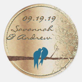 Blauwgroen liefdesvezel gouden bruiloft ronde sticker