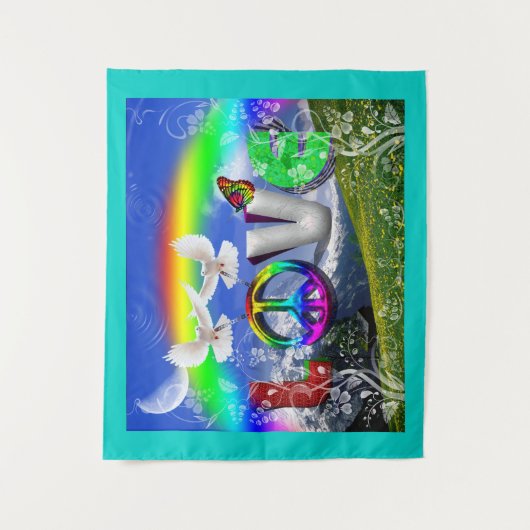 Blauwgroen Lijst - Vrede en Liefde Kunst Wandkleed (Voorkant)