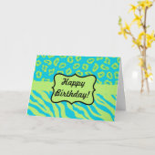Blauwgroen & Lime Green Zebra & Cheetah Persoonlij Kaart (Gele Bloem)