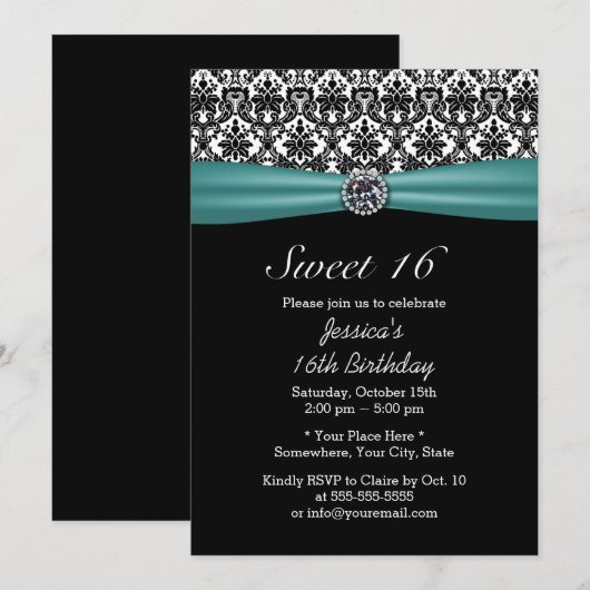 Blauwgroen lint & Damask Chic Diamond Sweet 16 Kaart (Voorkant / Achterkant)