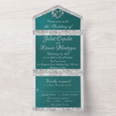 Blauwgroen, lint- en glittergrens en -hart all in one uitnodiging (Binnen)