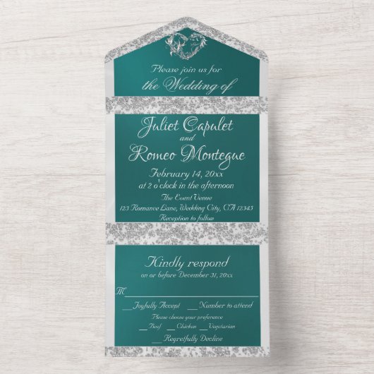 Blauwgroen, lint- en glittergrens en -hart all in one uitnodiging (Binnen)