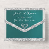 Blauwgroen, lint- en glittergrens en -hart all in one uitnodiging (Achterkant)