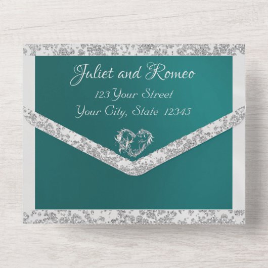 Blauwgroen, lint- en glittergrens en -hart all in one uitnodiging (Achterkant)