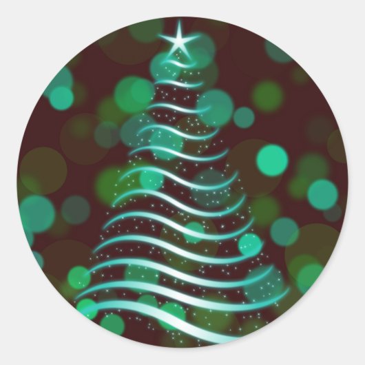 Blauwgroen lint kerstboom op vakantie Bokeh Ronde Sticker (Voorkant)