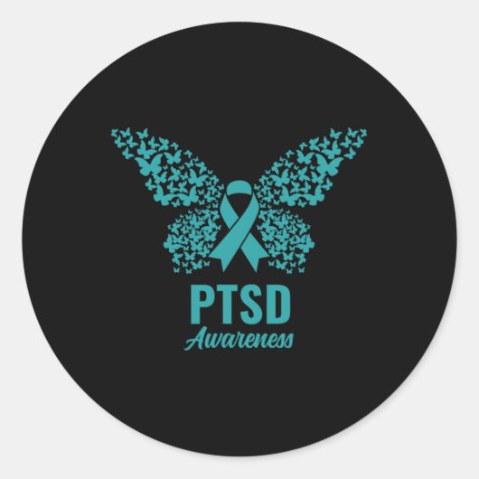 Blauwgroen lint met vlinders- PTSS Awareness Ronde Sticker (Voorkant)