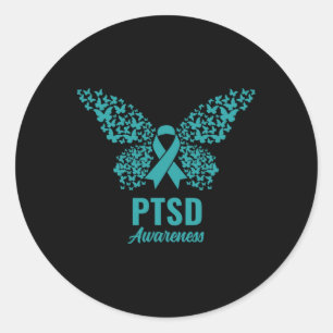 Blauwgroen lint met vlinders- PTSS Awareness Ronde Sticker