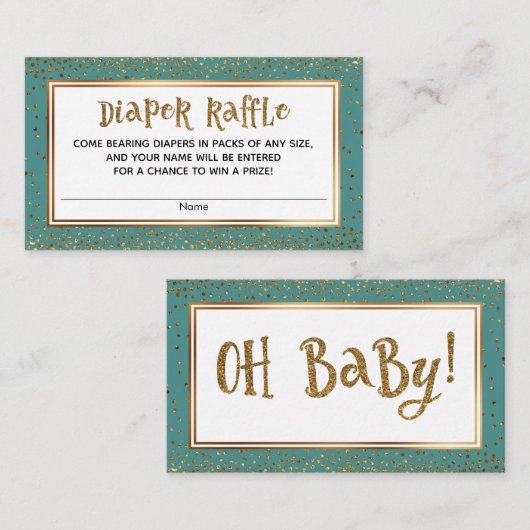 Blauwgroen Luier Raffle Kaarten met Gouden Glitter (Voorkant / Achterkant)