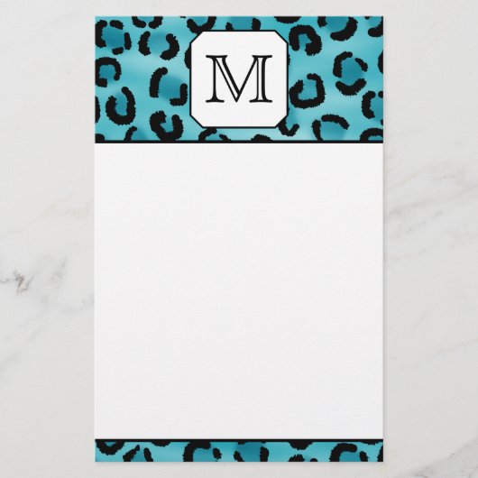 Blauwgroen luipaard afdrukken, aangepast monogram. briefpapier (Voorkant)