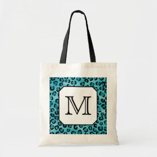 Blauwgroen luipaard afdrukken, aangepast monogram. tote bag