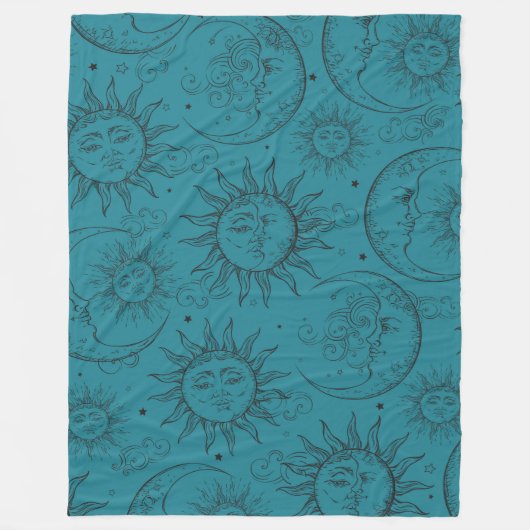 Blauwgroen Magic  Celestial Sun Moon Stars Fleece Deken (Voorkant)